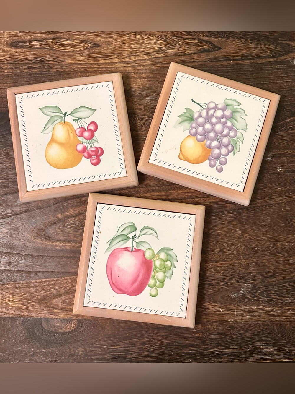 Vintage Ceramic Cottage-core Wall Tile Trivet set of 3 Featuring Fruit